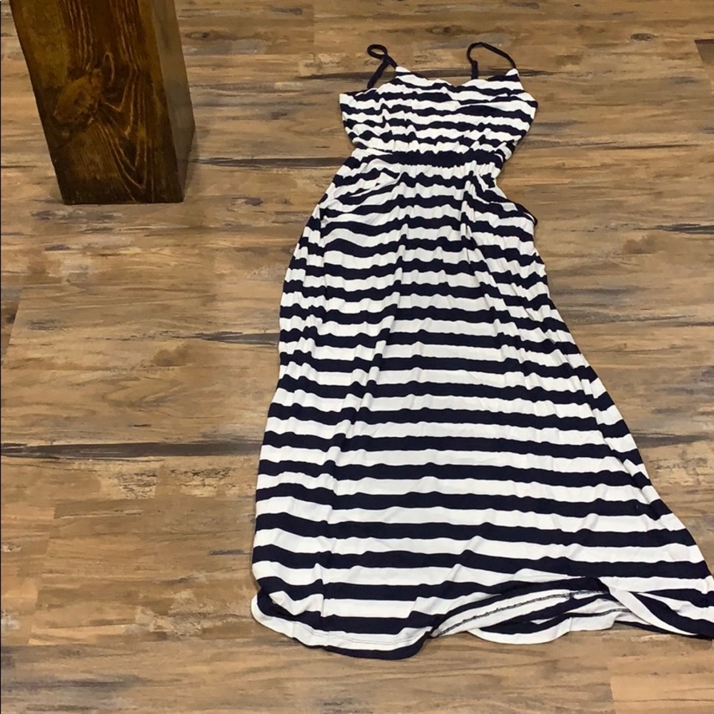 Navy and white striped maxi dress